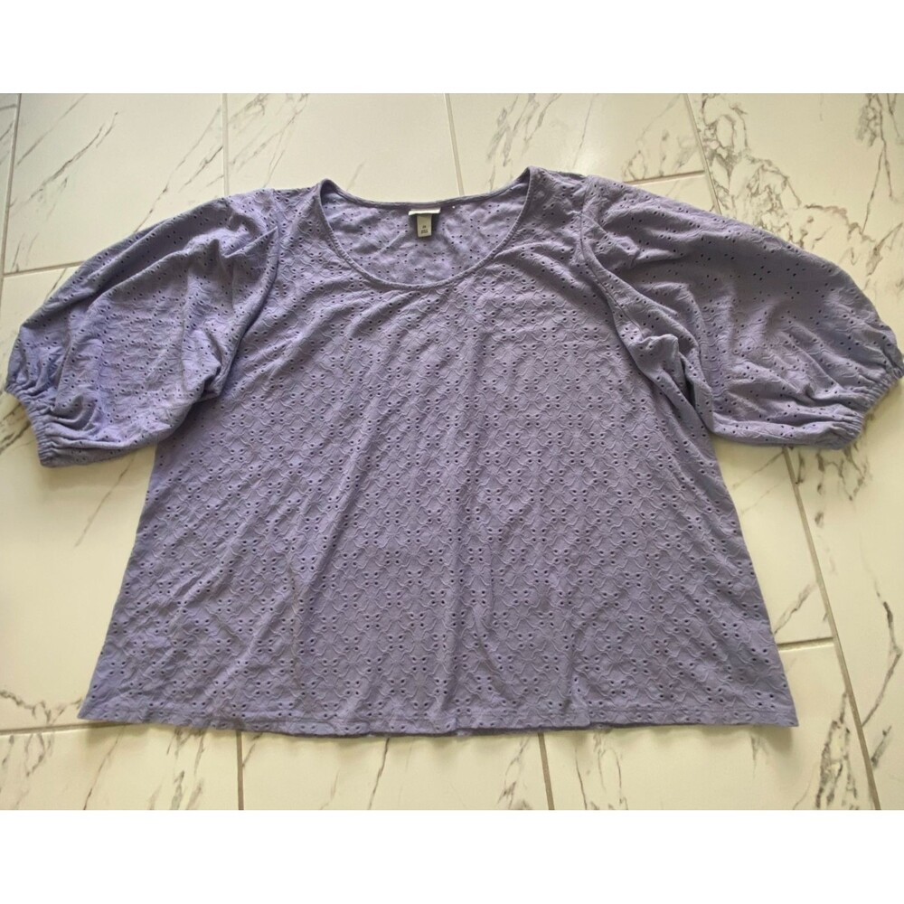 Ava And Viv Womens 2X Purple Eyelet Crochet Blouse Puff Sleeve Plus Top - Picture 1 of 10